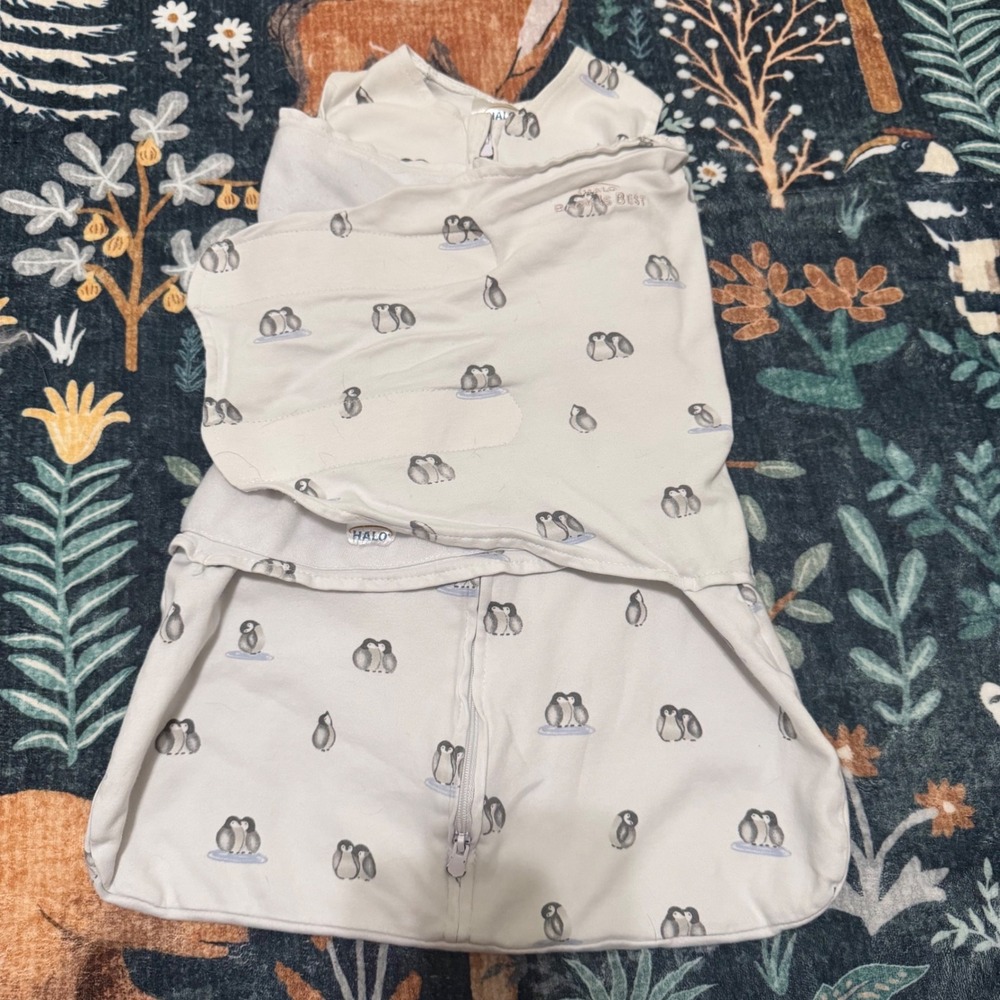 HALO SleepSack Swaddle Newborn Penguin Print 3-Way Baby Wrap White Cotton